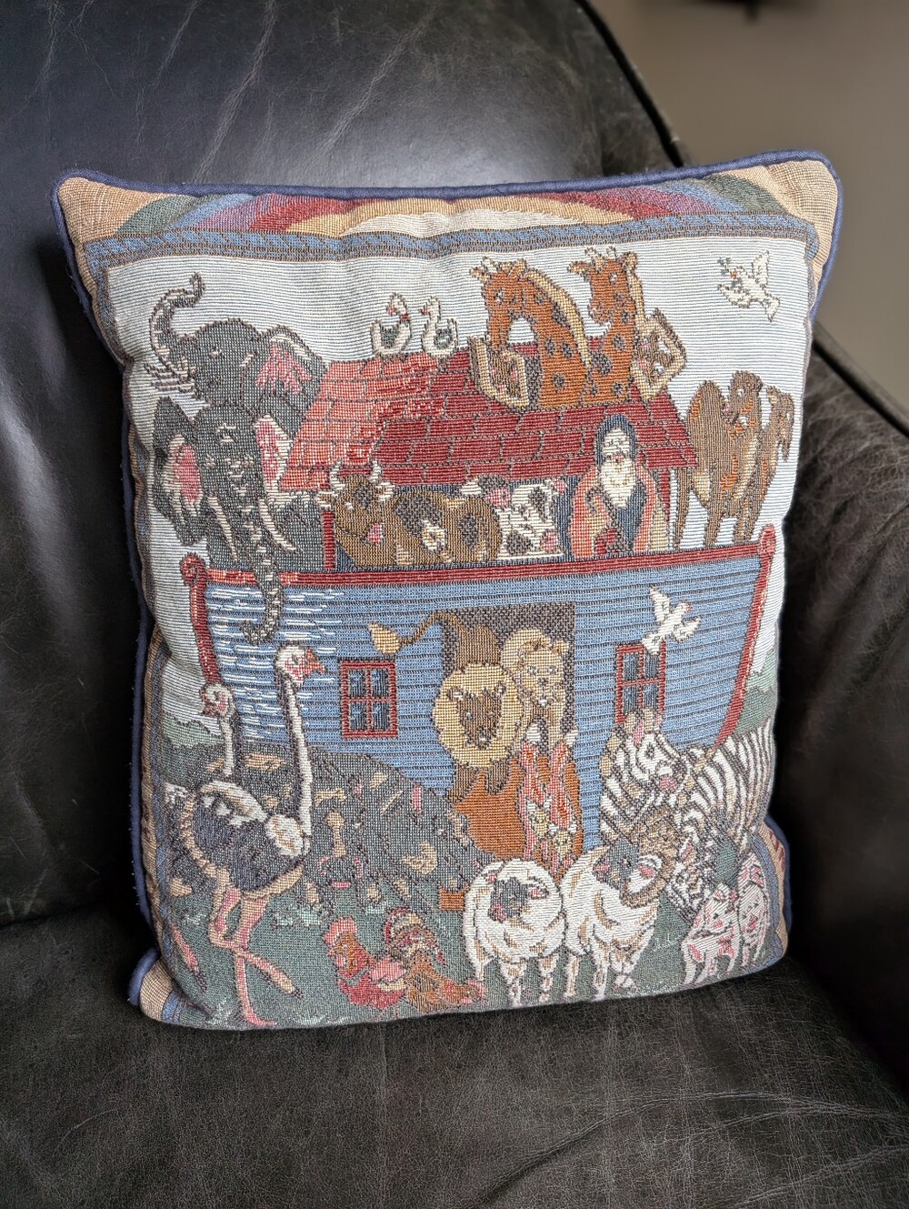 Vintage Tapestry Noahs Ark Stitched Throw Pillow "And They Came Two By Two"